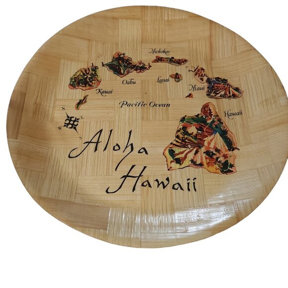 Hawaii Souvenir Shallow Platter Bowl Tray Woven Bamboo of Hawaiian Islands Map - Picture 2 of 15